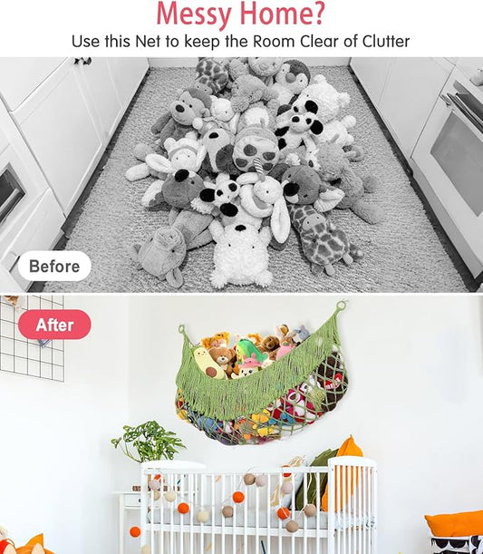 Stuffed Animal Hammock - Extra Large 63'' Long, Stuffed Animal Storage, stuffed animal Holder net, Hammock Large, Storage Hanging Organizer - Bean paste green
