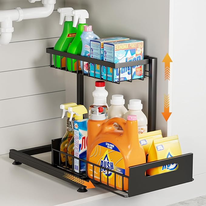 Under Sink Organizer Storage 2-Tier Premium Metal Pull-Out Racks, Height Adjustable, Heavy Dut and Easy Installation for Kitchen & Bathroom Organizers 1 Pack Black