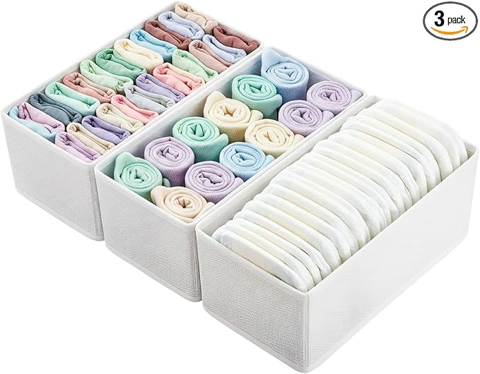 Sock Underwear Drawer Organizer 3-Pack Raw White - Foldable Small Storage Bins for Bras & Baby Clothes, 11" Fabric Dividers for Closet