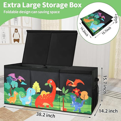 Extra Large Kids Toy Box, Foldable Toy Organizer with Dividers & Lids, 148L Dinosaur Storage Bin for Toddlers Boys Girls, Collapsible Chest for Toys, Books, Bedroom, Playroom, Nursery Black