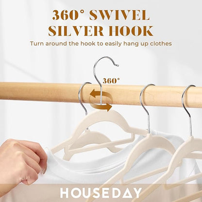 HOUSE DAY Velvet Hangers with Tie Bar 20 Pack Ivory, Clothes Hanger Non-Slip, Space Saving Felt Hangers for Pants, Coat, Suits, Shirt, Scarf, No Hanger Marks