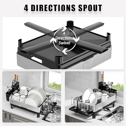 Ewaiira Dish Drying Rack, 304 Stainless Steel Dish Racks for Kitchen Counter, Dish Drainers with Automatic Drainage, Utensil Holder & Cups Holder, Space Saving Kitchen Organizer, Black