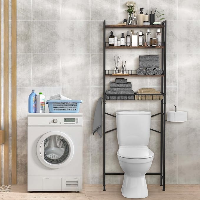 CooFel Over The Toilet Storage Rack, 4-Tier Bathroom Organizer Shelf with Paper Holder & 4 Hooks, Adjustable Metal Shelves Over Toilet for Small Spaces, Brown