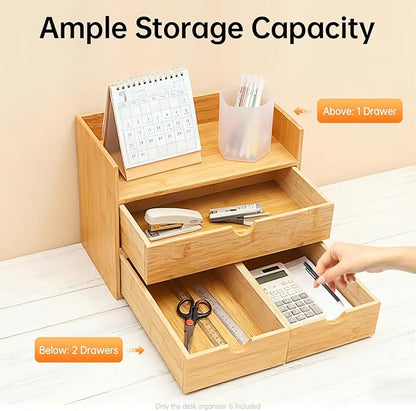 Bamboo Desk Organizer, 100% Original Mini Bamboo Desk Drawer Tabletop Storage Organization Box 3 Drawer Storage Organizer for Office Home Toiletries Supplies No Assembly Required