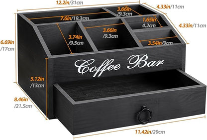 Coffee Station Organizer Pods Holder with Drawer, Farmhouse Wood Coffee Bar Accessories Decor and Tea Condiment Basket for Countertop
