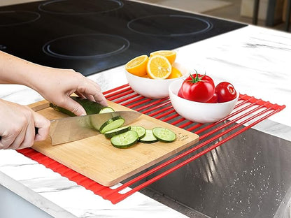 Zulay Kitchen Large Roll Up Dish Drying Rack - Heavy Duty Silicone Wrapped Steel Rods Over Sink Dish Drying Rack - Versatile Roll Up Sink Drying Rack & Trivet - Red,20.5 inches x 13 inches
