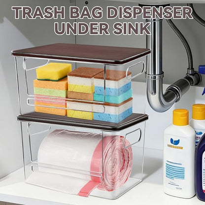Trash Bag Dispenser, Trash Bag Holder Dispenser with Bamboo Top, Extra Large Garbage Bag Holder Dispenser Trash Bag Organizer Under Sink for Kitchen, Pantry, Laundry Room