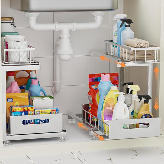 Toyear Under Sink Organizer, Heavy Duty Metal Pull Out Cabinet Organizer Slide Out Sink Shelf Organizer Height Adjustable, Multi-Purpose Storage Shelf for Kitchen Bathroom(Sliver,2Pack)