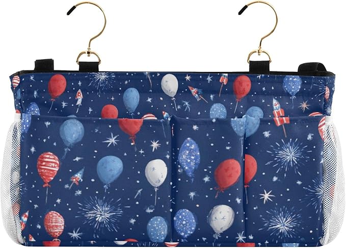 CuwrYet Bedside Caddy Hanging Bunk Bed Caddy Bed Organizer Hanging Pocket with 2 Hooks Bedside Storage Organizer Pocket Bag Holder Navy Blue Patriotic Balloons Fireworks