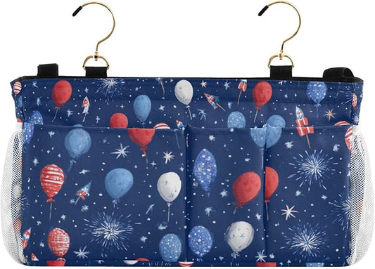 CuwrYet Bedside Caddy Hanging Bunk Bed Caddy Bed Organizer Hanging Pocket with 2 Hooks Bedside Storage Organizer Pocket Bag Holder Navy Blue Patriotic Balloons Fireworks