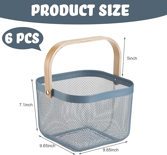 Roshtia 6 Pcs Metal Mesh Steel Basket with Handle, Rustic Square Wire Harvest, Shopping Baskets for Retail Store Garden Bathroom Kitchen(9.65 x 9.65 x 7.09 Inch,Blue)