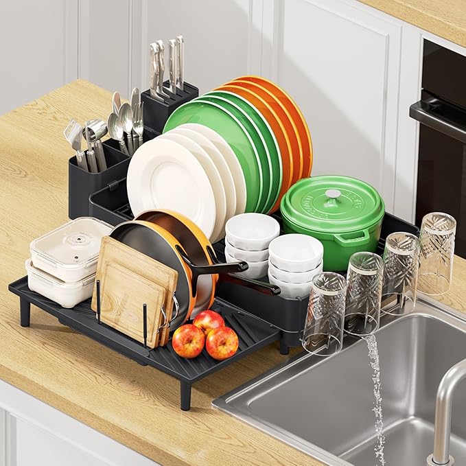 Urackify Dish Rack for Kitchen Counter, 304 Stainless Steel Dish Drying Rack, Expandable Dish Drainer, Foldable Kitchen Storage Organizer with Cutlery Holder, Plate Rack, Black