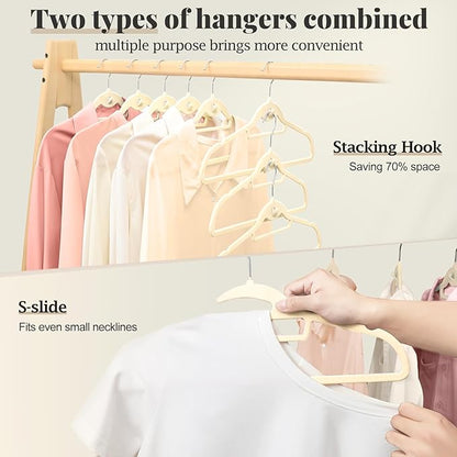 UEAKPIC Velvet Hangers 50 Pack, S-Shaped and Stackable Non Slip with 360°Swivel Hook, Ultra Thin and Space Saving Flocked, for Suits, Shirts, Coats, 15Lbs Capacity Heavy Duty, Ivory