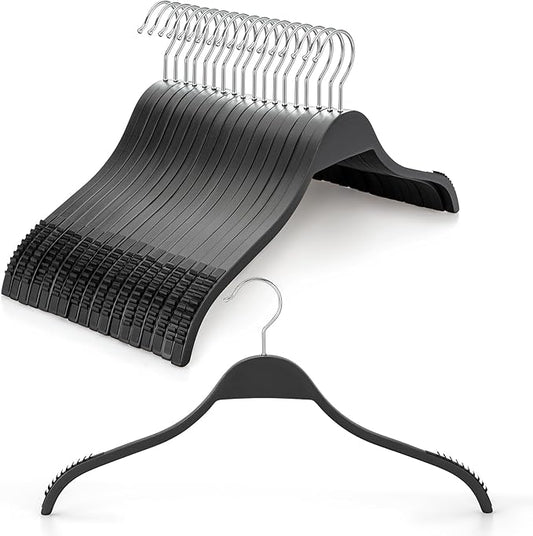 TOPIA HANGER Slim Wooden Hangers with Extra Soft Non-Slip Rubber Grips, 18-Pack High-Grade Fashion Black Hanger No Shoulder Bump for Sweater, Camisole, Jacket, Dress, Coat-CT16B