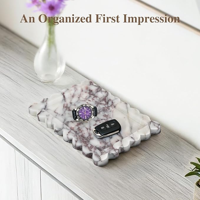 Calacatta Viola Scalloped Marble Tray, 11" x 8" Real Natural Marble Stone Tray, Luxury Decorative Tray for Bathroom, Kitchen Counter, Vanity, Dresser, Home Decor, Organizer for Jewelry & Cosmetics