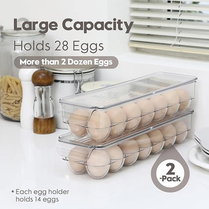 Sea Team Clear Plastic Egg Holder for Fridge, Refrigerator Egg Tray, Stackable Egg Container with Lid, Dispenser for Kitchen Storage and Organizer, Set of 2