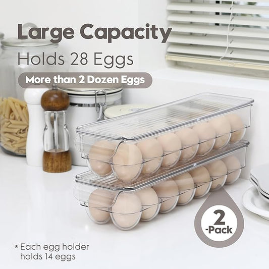 Sea Team Clear Plastic Egg Holder for Fridge, Refrigerator Egg Tray, Stackable Egg Container with Lid, Dispenser for Kitchen Storage and Organizer, Set of 2