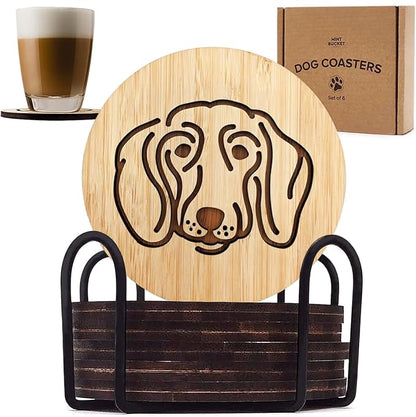 Set of 6 Bamboo Laser-Engraved Fun Dog Coasters with Iron Holder - Gift Packaging 3.9 Inch Non-Stick Absorbent Durable and Unbreakable Wooden Cup Coasters for Dog Lovers (Dachshund)