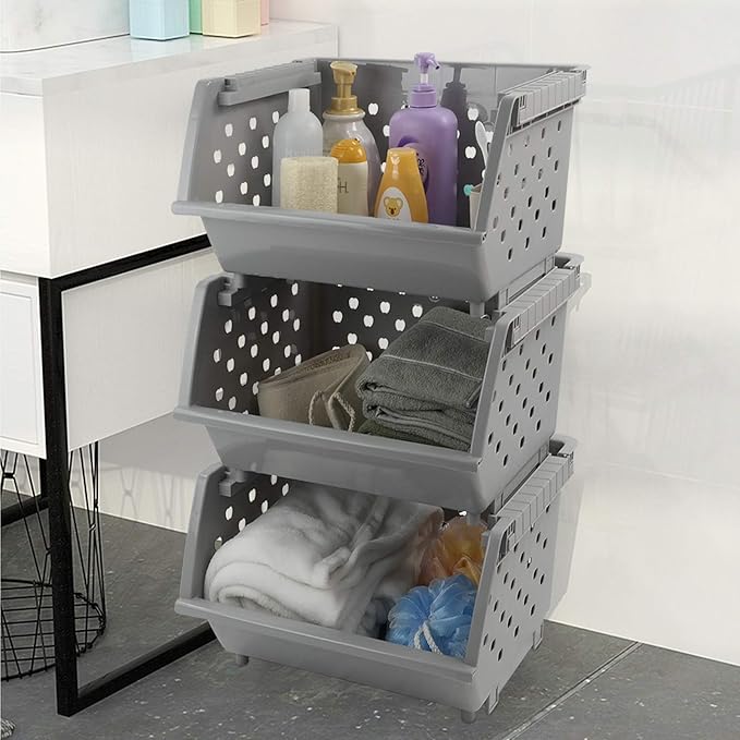 3 Pack Stacking Open Front Storage Bins, Gray Stackable Pantry Basket Plastic