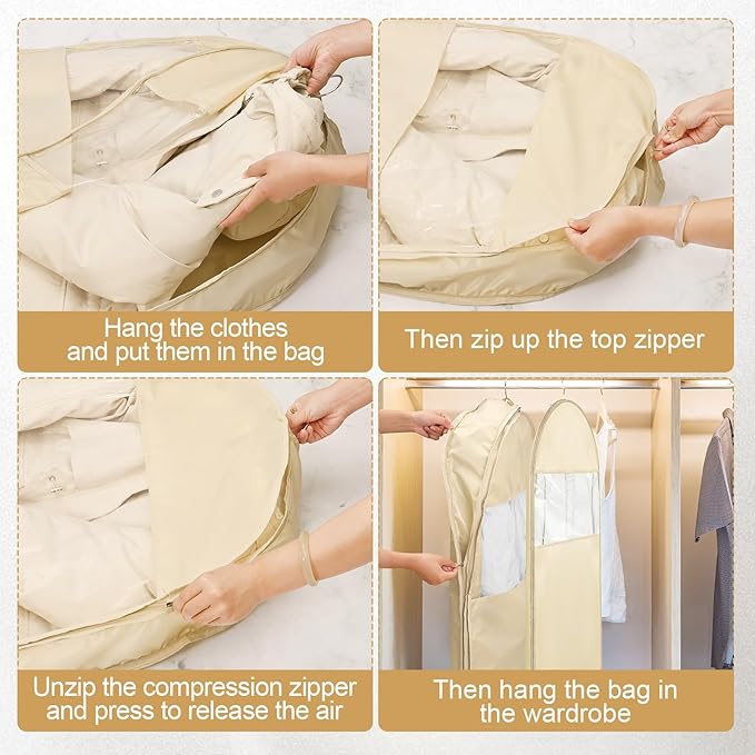 Space Saving Hanging Garment Bag with Self Compression Seal, Large Clear Garment Storage Bags for Jackets and Suits, Closet Bags Clothes (Beige, 3PCS(XL))