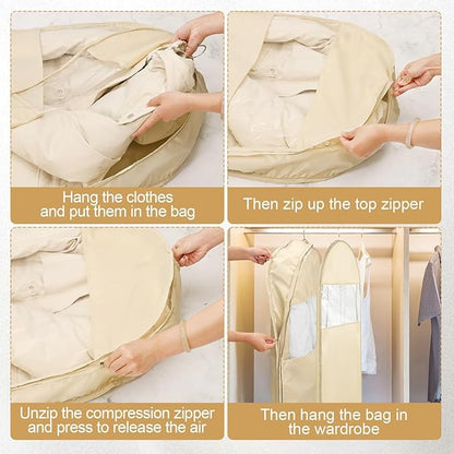 Space Saving Hanging Garment Bag with Self Compression Seal, Large Clear Garment Storage Bags for Jackets and Suits, Closet Bags Clothes (Beige, 3PCS(XL))