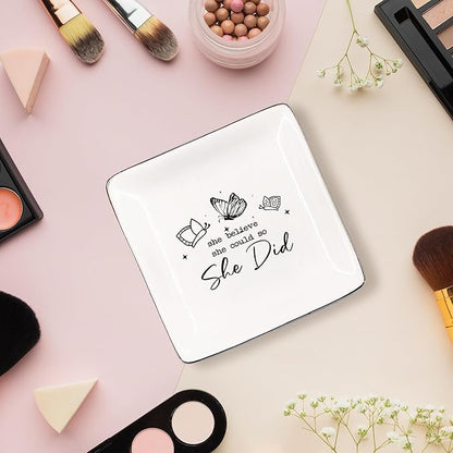 JRTW College Graduation Gifts Jewelry Tray, Inspirational Congratulations Gifts Ceramic Jewelry Dish Tray for Rings & Earring for Women, She Believed She Could So Did Ring Trinket Dish for Women