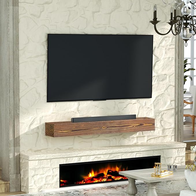ROOMTEC Fireplace Mantel, 48" Wall Mounted Wood Display Shelving, Handcrafted Natural Mantels Over Fireplace | 48" x 8" x 5" - Brown