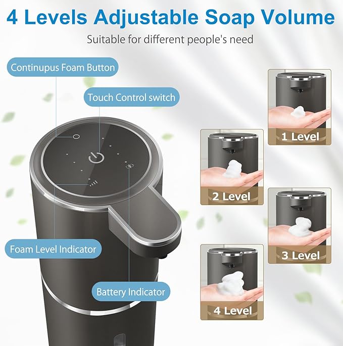 Gotofine Automatic Foaming Soap Dispenser,4-Level Adjustable Foam, Wall Mount, USB Rechargeable,12.8oz/ 380ml,Touchless Hand & Dish Soap Dispenser for Bathroom, Kitchen,Hotel, Restaurant