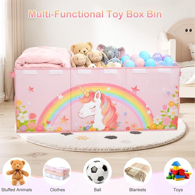 Unicorn Castle Toy Box with Adjustable Divider Toy Chest Storage Large Toy Storage Organizer Bin Collapsible with Lid Pockets for Nursery Playroom,Pink Unicorn