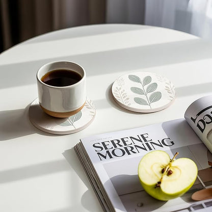 VEYRO Ceramic Coasters Set of 4 – Absorbent Stone Drink Coasters with Holder, Non-Slip Cork Backing, Modern Marble Look Coasters for Coffee Table, Desk & Home Decor