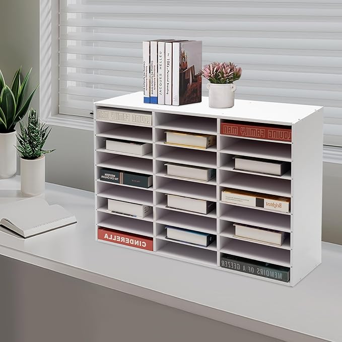 27 Compartments Literature Organizer,9 Layer PVC Mail Sorter Organizer with Adjustable Shelves, Door-less Mail Center Paper Storage Cabinet for Files Magazines Documents (27 Slots - White)