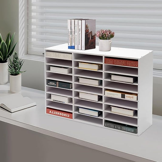 27 Compartments Literature Organizer,9 Layer PVC Mail Sorter Organizer with Adjustable Shelves, Door-less Mail Center Paper Storage Cabinet for Files Magazines Documents (27 Slots - White)
