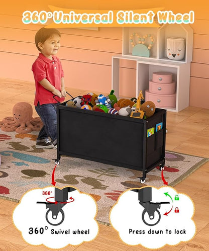 100L Large Kids Toy Box with Wheels, Toy Chest Storage Organizer for Toddlers, Boys, Girls, Toy Storage Bin for Stuffed Animals, PlayRoom, Bedroom, Nursery, Living Room, Black