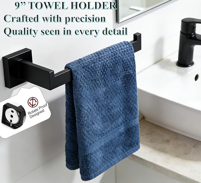 10 Pieces Bathroom Accessories Towel Bar SUS304 Stainless Steel Matte Black Towel Holder Wall Mounted Heavy Duty Towel Rack Bathroom Towel Rod Modern Square Base Design(10, Matte Black, 16 Inch)