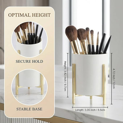 Ceramic Pen Holder for Desk, Durable Ceramic Pencil Cup Holder for Womens Girls, Makeup Cup for Brushes, with 4 Legs Metal Frame