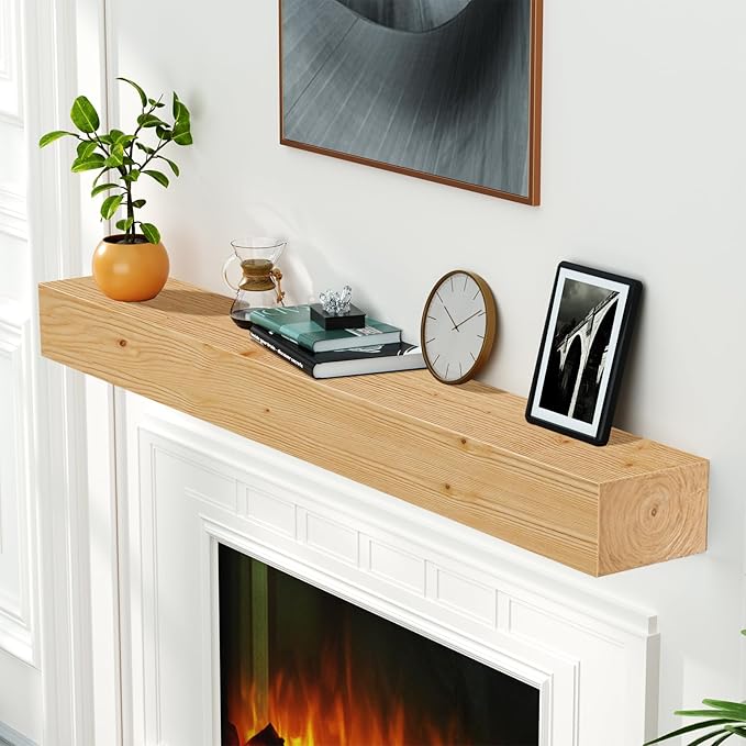 ROOMTEC Fireplace Mantel,60" Wood Floating Fireplace Shelves,Wall Mounted Wooden Display Shelving,Handcrafted Wood Brack,Natural Mantels Over Fireplace | 60" x 8" x 5"-Clear Varnished Natural Wood