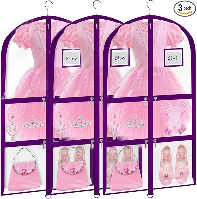 Garment Bags for Dance Costumes - 40 Inch Clear PVC with 5 Zipper Pockets (3 Pack) - Kids Dance Garment Bag for Dancers, Hanging Clothes Storage, Competitions & Travel (‎Clear Purple)