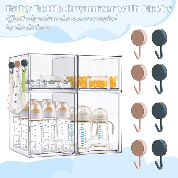 Baby Bottle Organizer-4 Pack Stackable Storage Drawers, Baby Organizers and Storage with Hooks, Clear Acrylic Multipurpose Bottle Storage for Countertop,Kitchen,Cabinet,Vanity,Bathroom