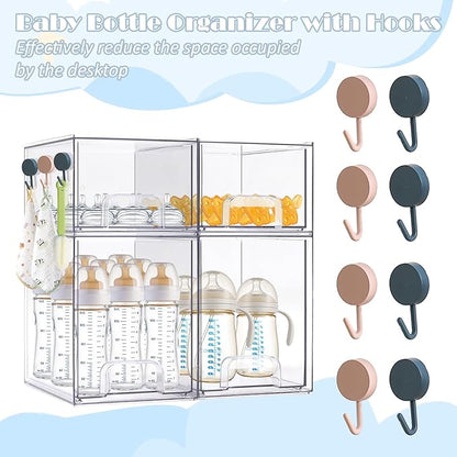 Baby Bottle Organizer-4 Pack Stackable Storage Drawers, Baby Organizers and Storage with Hooks, Clear Acrylic Multipurpose Bottle Storage for Countertop,Kitchen,Cabinet,Vanity,Bathroom
