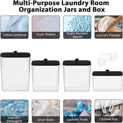 4 Pack Clear Laundry Pods Container & Dryer Sheet Holder, Plastic Square Laundry Room Organization and Storage Jars with Lids, Scoops & Labels for Detergent, Powder, Dryer Balls (Black Lid)