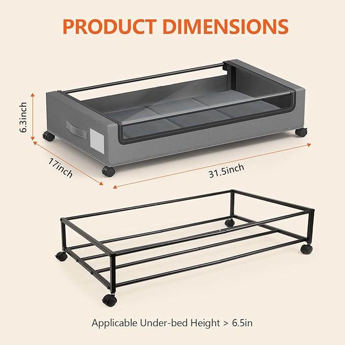 Under Bed Storage Containers with Wheels - Foldable Organizer Bins for Blankets, Clothes, Shoes, Toys, and Comforters.Capacity, Space Saving, Easy Pull Out, Clear PVC (Gray-1)