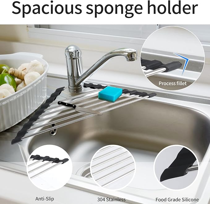 Roll Up Dish Drying Rack and Triangle Dish Drying Rack for Sink,over the Sink Dish Drying Rack , Kitchen Corner Dishes Drainer Mat, Foldable Stainless Steel Corner Sink Rack for Kitchen (Triangle)
