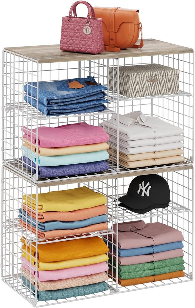 2 Pack Closet Shelf Organizer, Closet Organizers and Storage Shelves With Adjustable Dividers, Stackable Storage Bins Baskets For Clothes Sweaters Jeans Jackets, With Wooden Board, 8 Compartments