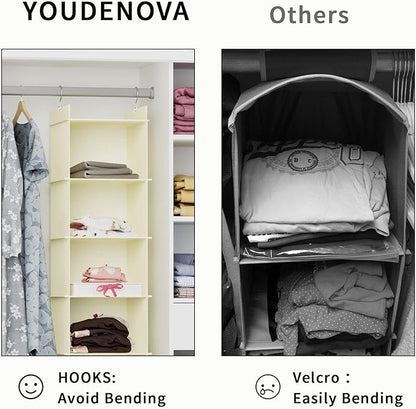 YOUDENOVA Hanging Closet Organizer, 4-Shelf Closet Hanging Shelves, Beige