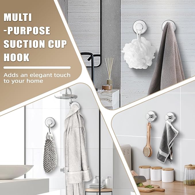 Fenas Suction Cup Hooks for Shower No-Drill Bathroom Hooks for Towels, Robes, Loofah Mountable on Bathroom Walls, Kitchen, Glass, Mirrors,Tile,Smooth Non-Porous Surfaces,Removable,4pcs,Chrome Polished