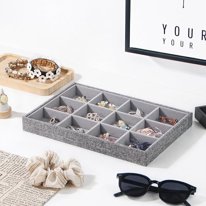 Stackable Jewelry Organizer Tray For Drawers,White Leather Small Earring Storage Tray,Bracelet And Necklace Display Box,Jewelry Ring Display Case (Gray 12 Grids)
