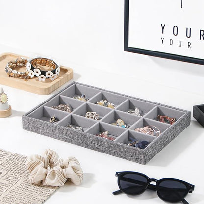 Stackable Jewelry Organizer Tray For Drawers,White Leather Small Earring Storage Tray,Bracelet And Necklace Display Box,Jewelry Ring Display Case (Gray 12 Grids)