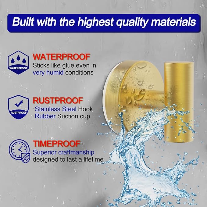 Bntuk Suction Cup Hooks, Shower Hooks for Inside Shower – Removable Towel Hooks for Bathroom Window Glass Mirror Tile, Bath Robe Looafh Hook for Hanging – Waterproof & Rustproof, Gold(4 Pack)