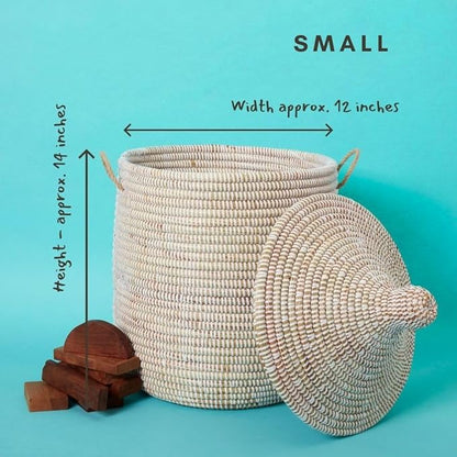 Small Storage Basket, Organizing, Storage, Wicker, Woven, With Lid, Handles, 12" Wide, 14" Tall (White)