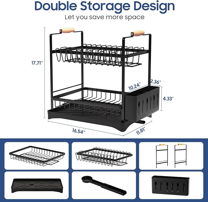 PXYHMUS 2-Tier Large Dish Drying Rack for Kitchen Counter with Drainboard and Cutlery Holder, 2 Tier Dish Drying Rack, Black,16.54" D x 11.81" W x 17.71" H